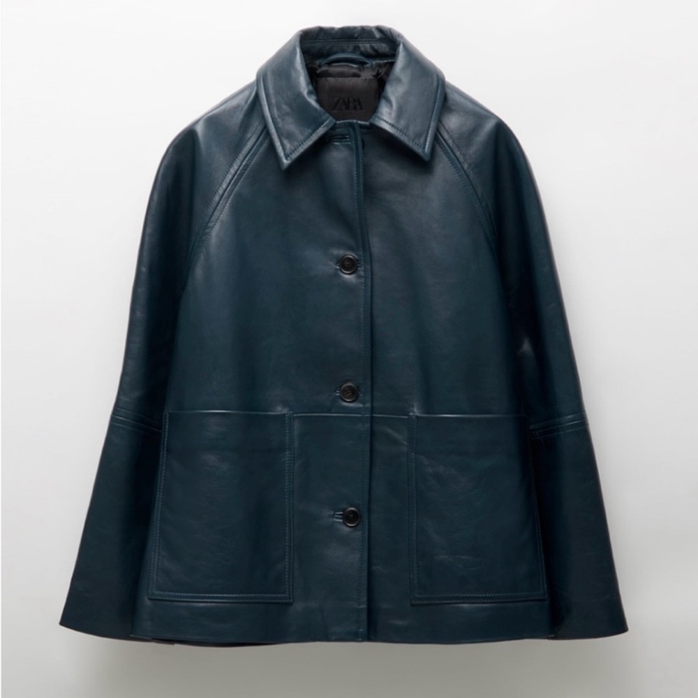 Zara teal blue genuine leather jacket shirt trucker utility style oversized fit